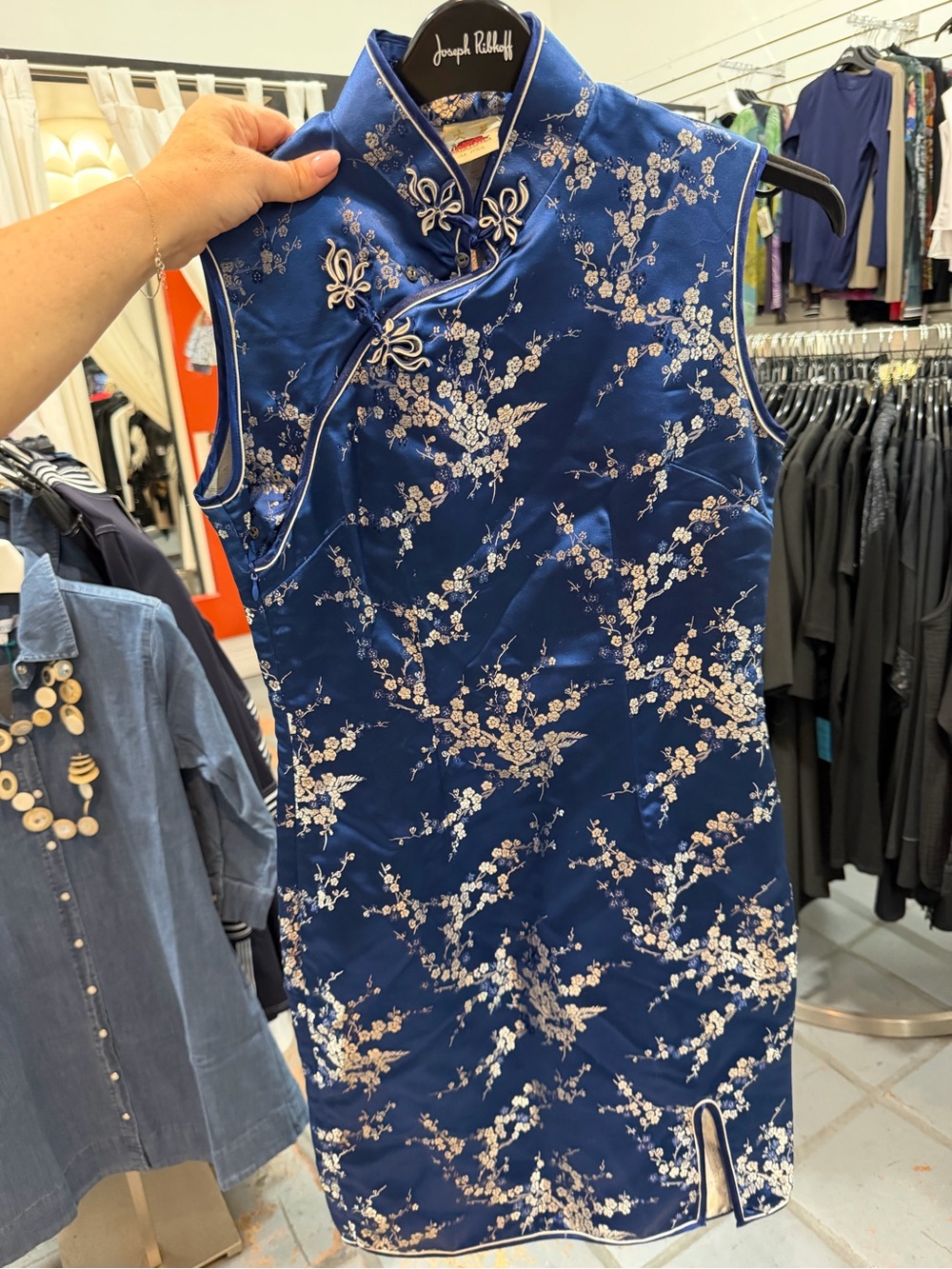 Oriental blue dress - Sleeveless Floral Satin Cheongsam Dress - Blue